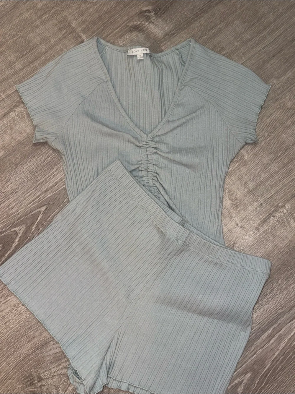 Love Tree Dusty Blue Ribbed Ruched Crop Top & Lounge Shorts Set